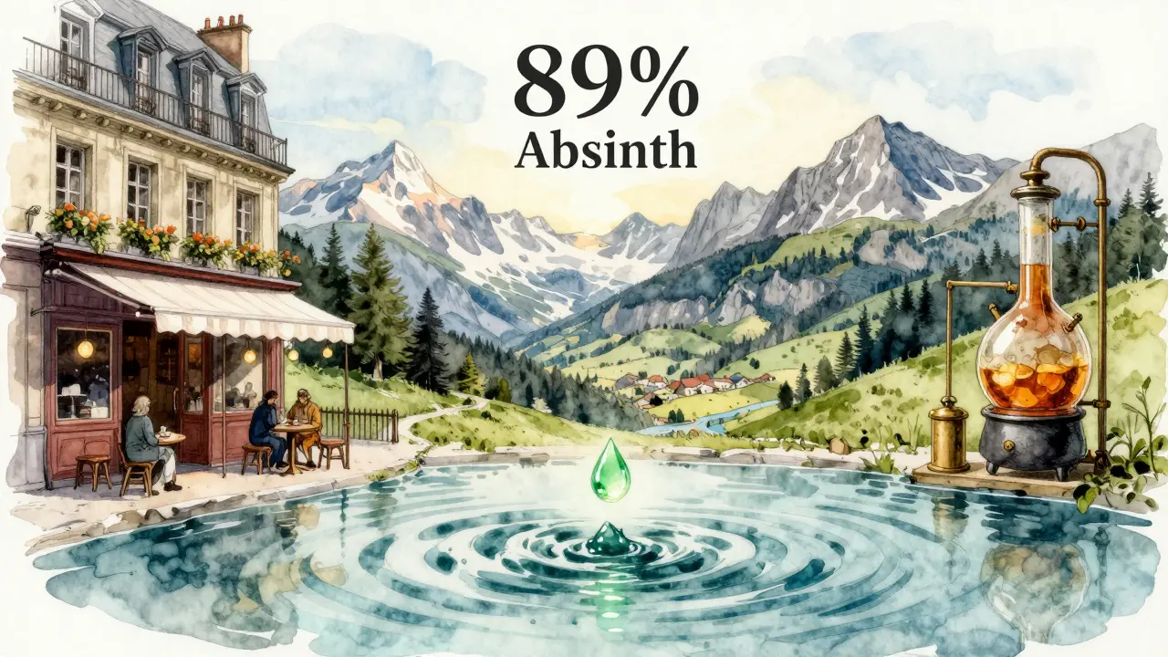 Ein Tropfen Absinth fällt in Wasser und verwandelt sich in kleine historische Szenen als wellenförmige Silhouetten.