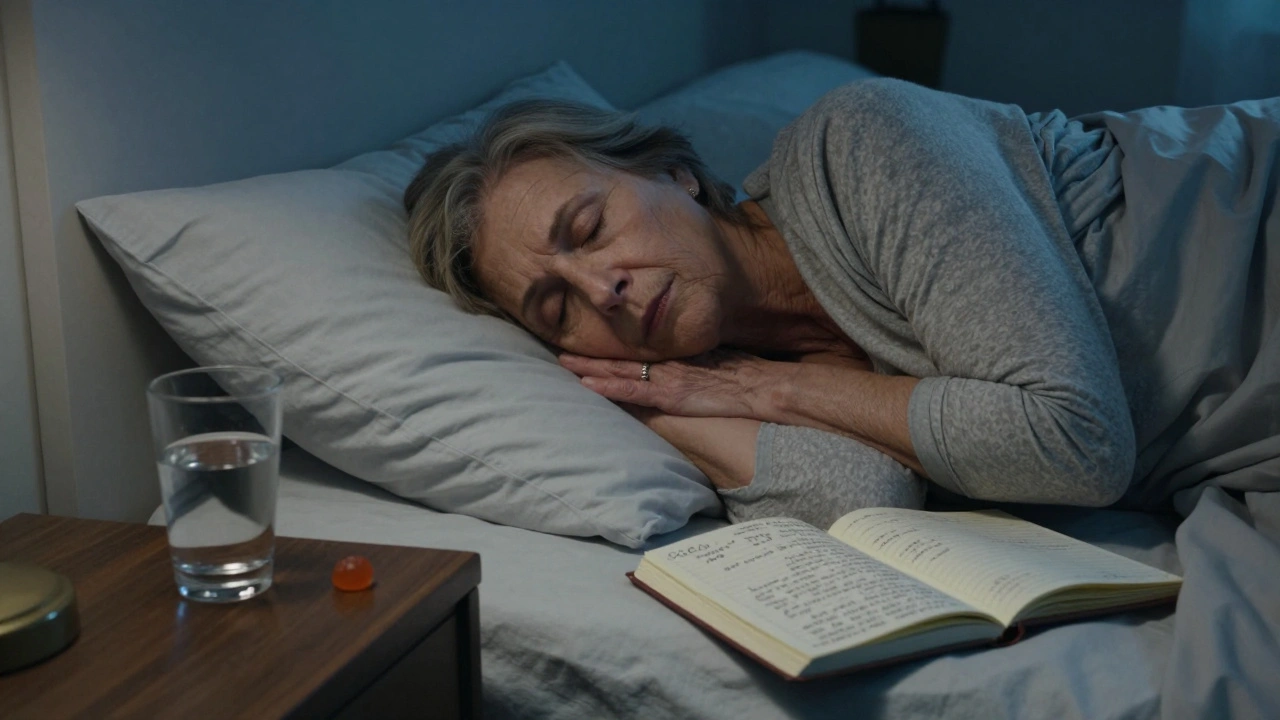 Eine ältere Frau schläft friedlich, neben ihr liegt ein CBD-Gummibärchen auf dem Nachttisch.