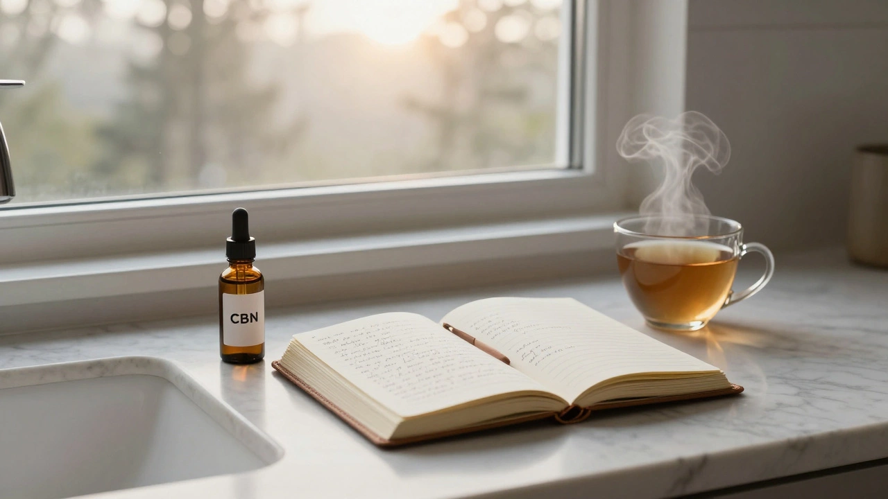 Eine CBN-Tropfflasche und ein Traumtagebuch auf einer Fensterbank bei Tagesanbruch, mit einer Tasse Kräutertee.