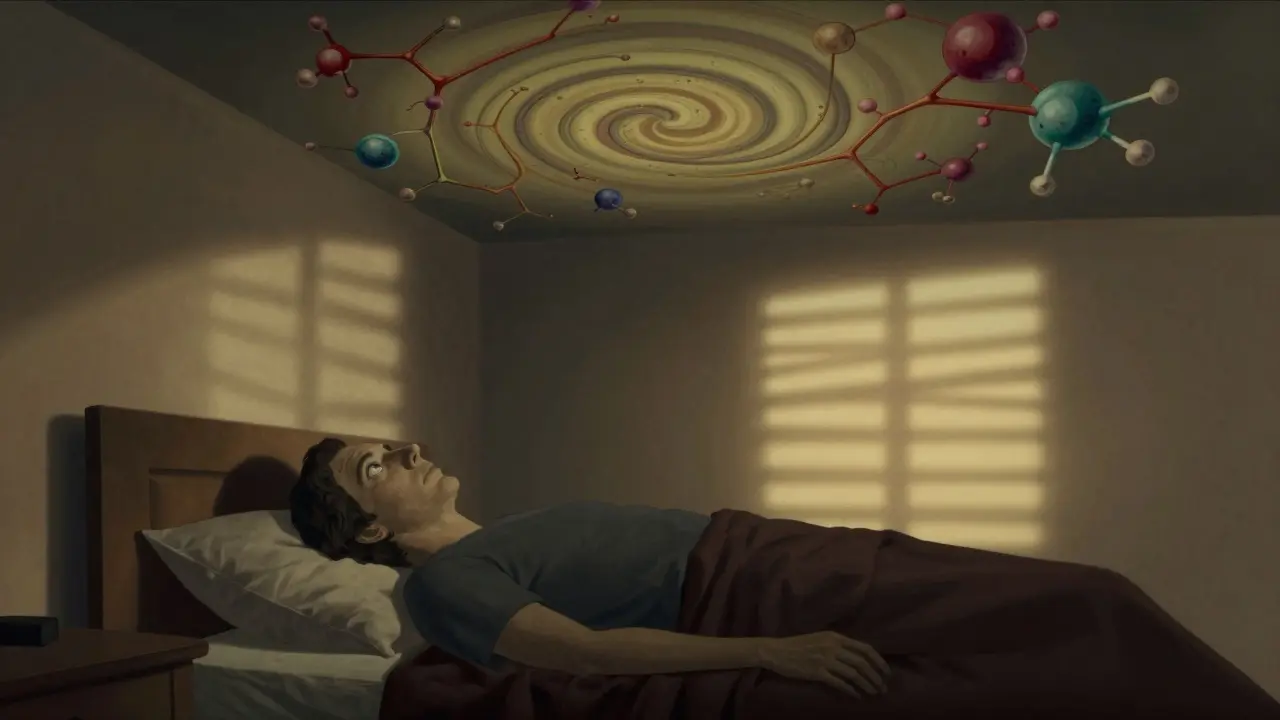 Eine Person liegt im Bett und starrt auf eine wandelnde, hypnotische Deckenmusterung.