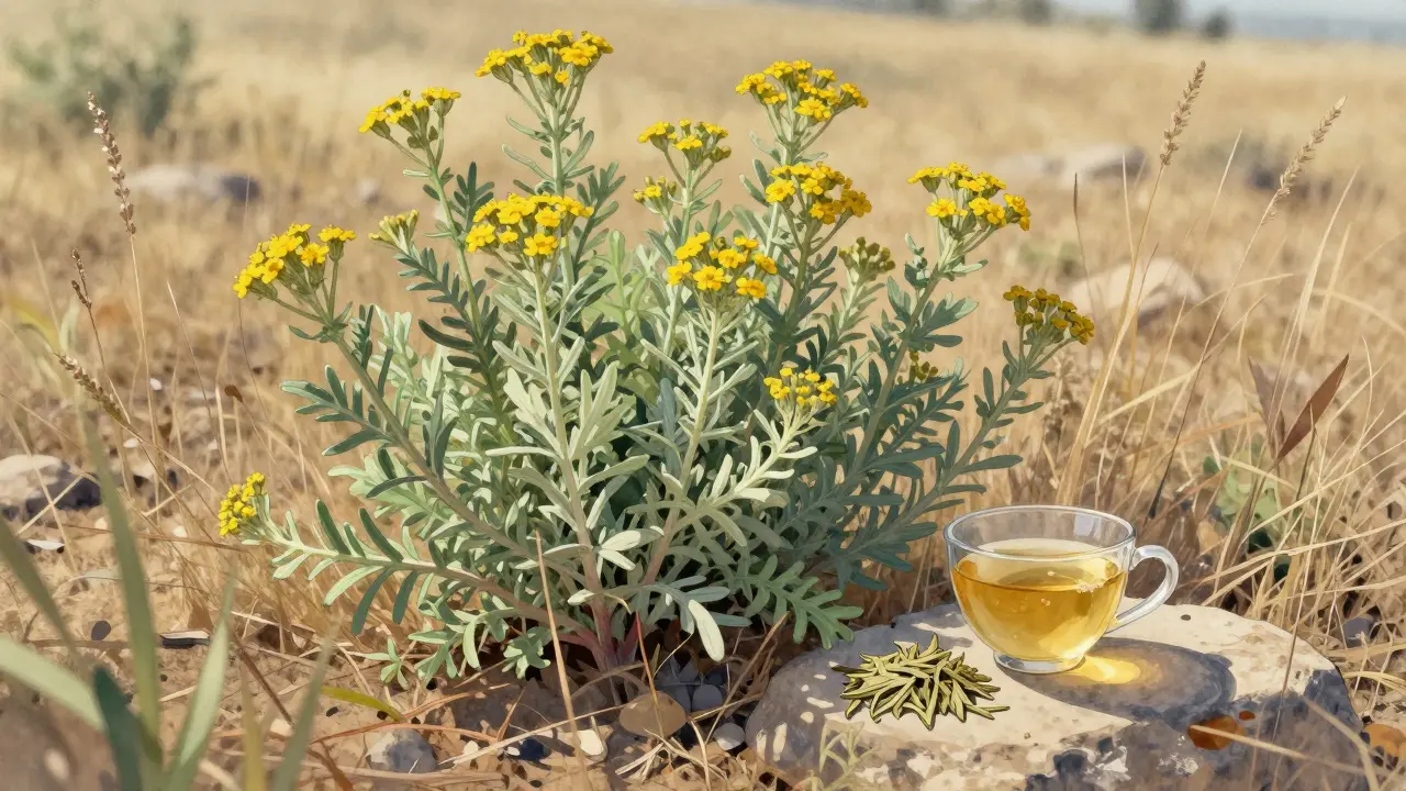 Eine wilde Wermutpflanze in der Sonne mit einer Teetasse und getrockneten Blättern auf einem Stein.