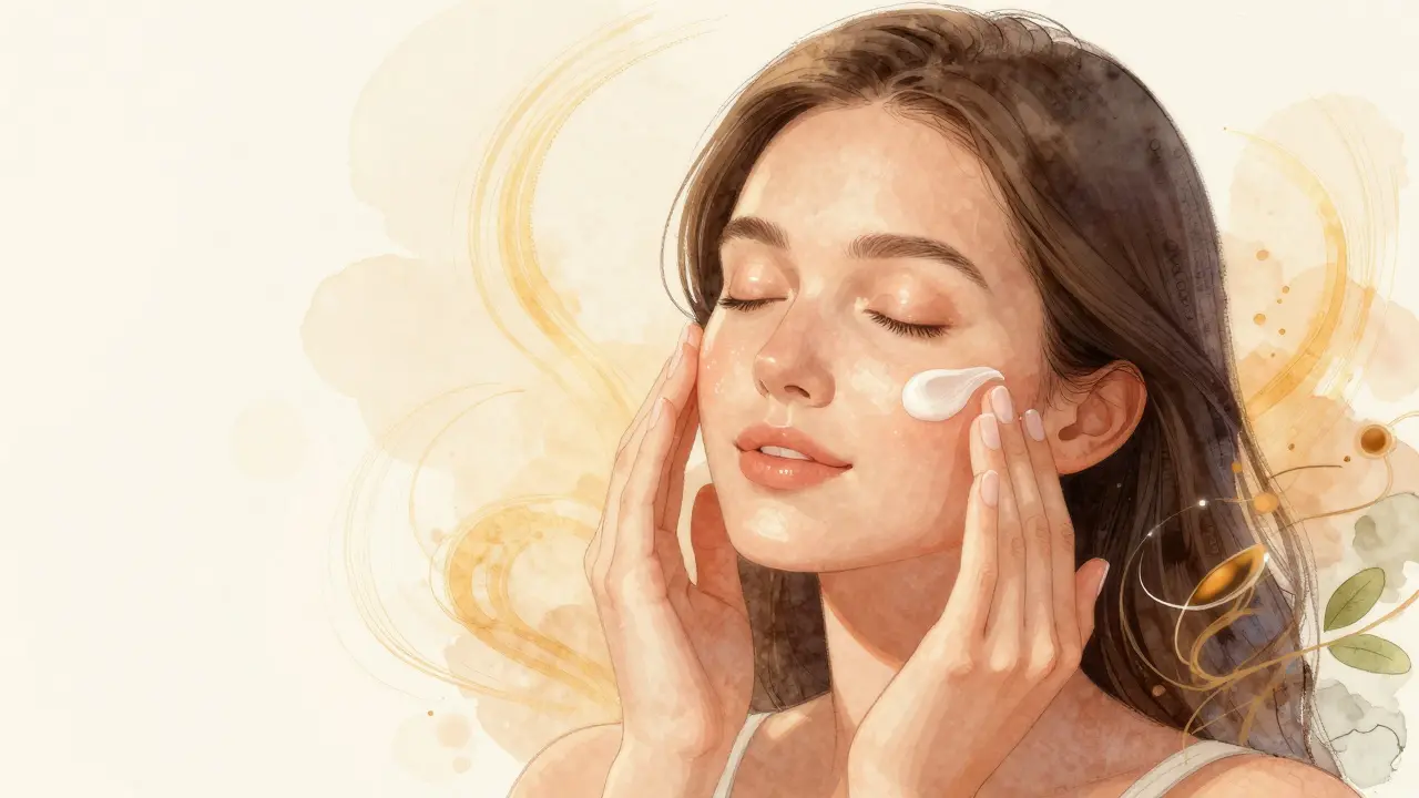 Frau wendet CBG-Serum auf Gesicht an, sanftes Licht und abstrakte Wirkungsmuster