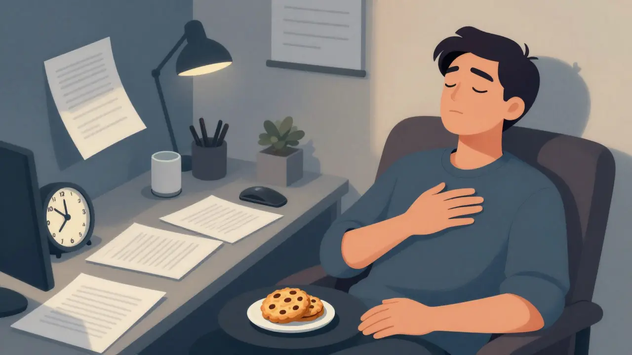 Gegenüberstellung von gestresstem Büro und ruhigem Zuhause mit CBD-Cookie als Symbol der Entspannung.