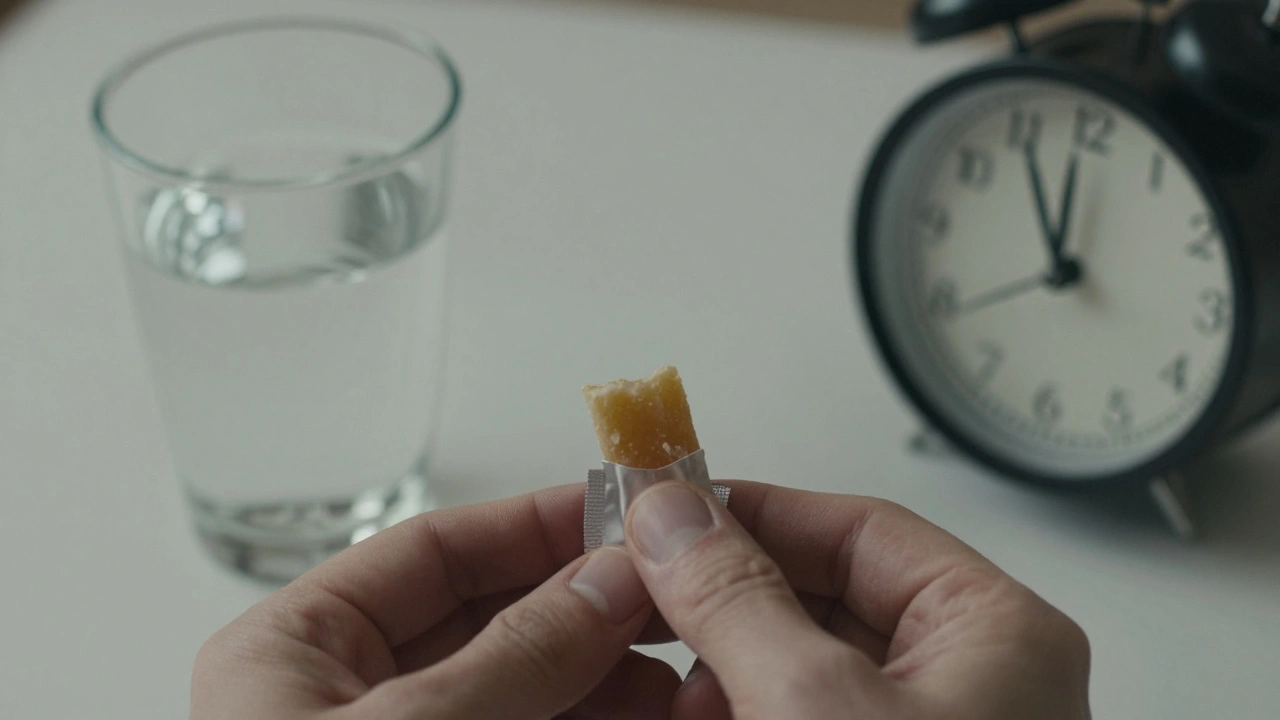 Hand legt halben Kaugummi zurück, neben einem Glas Wasser – ruhiger Moment der Selbstkontrolle.