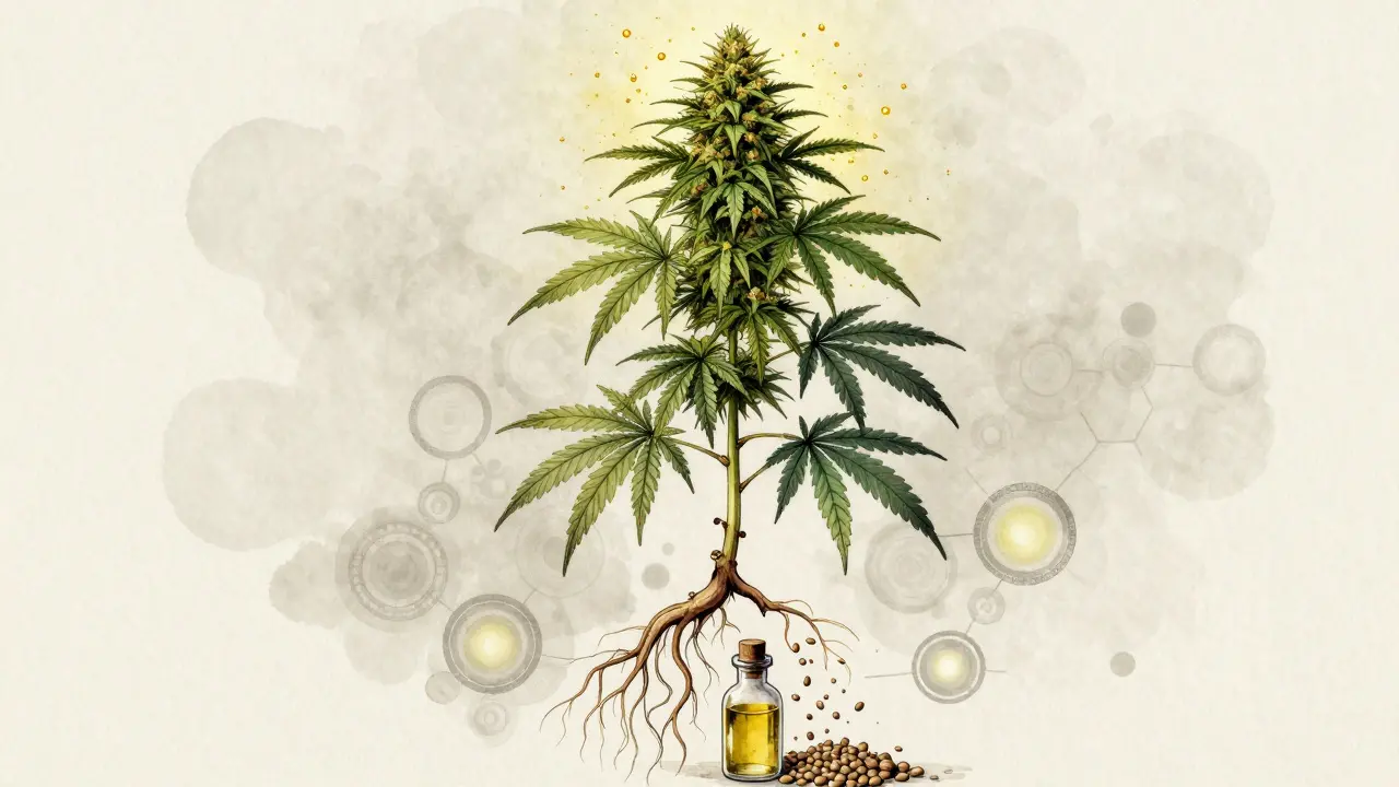 Hanfpflanze mit goldenen CBD-Molekülen, die aus den Blüten extrahiert werden, während Samen herunterfallen.