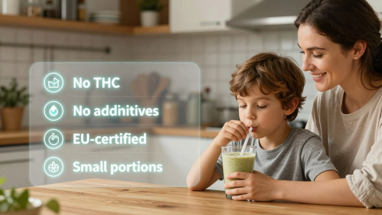Kind trinkt einen Smoothie mit Hanfprotein, überlagert von Sicherheits-Checklisten