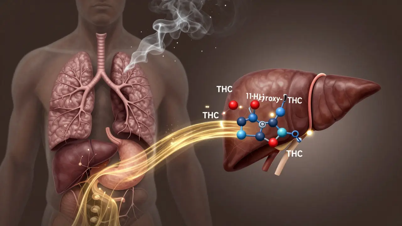 Körperschema mit Lunge und Leber, das die Umwandlung von THC in 11-Hydroxy-THC zeigt.