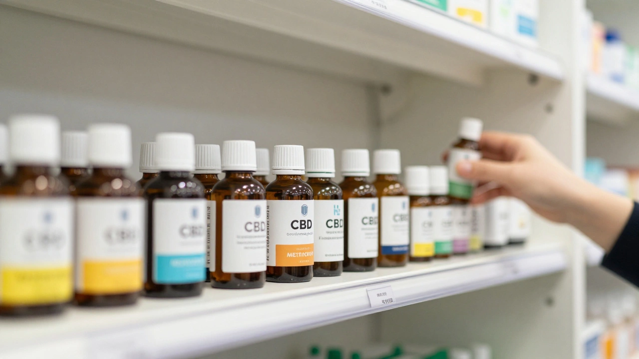 Legale Alternativen wie CBD-Öl und Kräuter auf einer Apothekenregal.