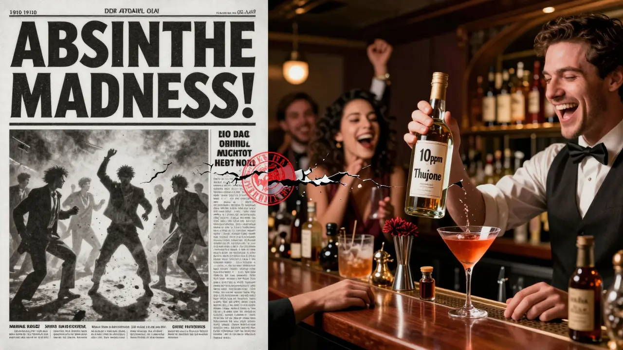 Linker Teil: Schwarz-weiß Zeitung von 1910 mit Absinth-Skandal; rechter Teil: bunte Bar mit modernem Cocktail und Flasche mit Thujon-Hinweis.
