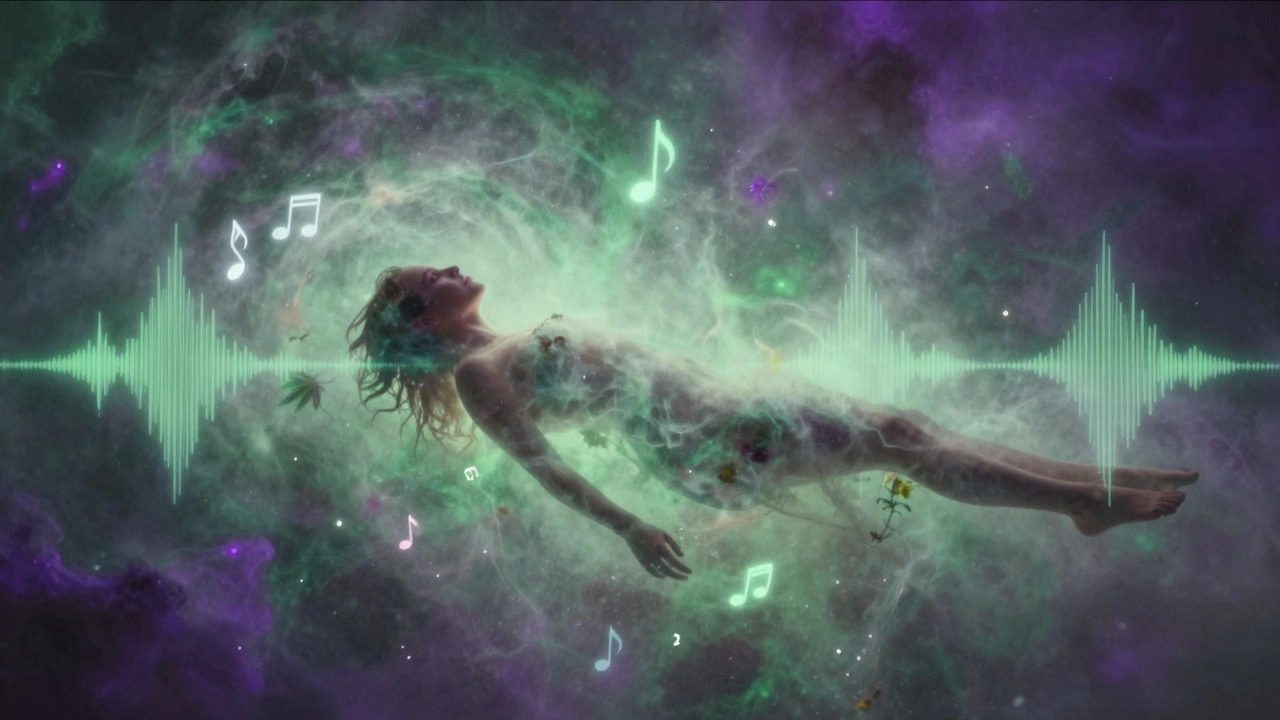 Mensch schwebt in einer sanften, lila-grünen Nebelwolke, Symbol für die Hochphase der Wirkung.