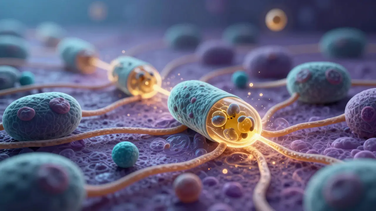 Mikroskopische Ansicht von Hautzellen, die Kollagen produzieren, während CBD-Moleküle mit Rezeptoren interagieren.