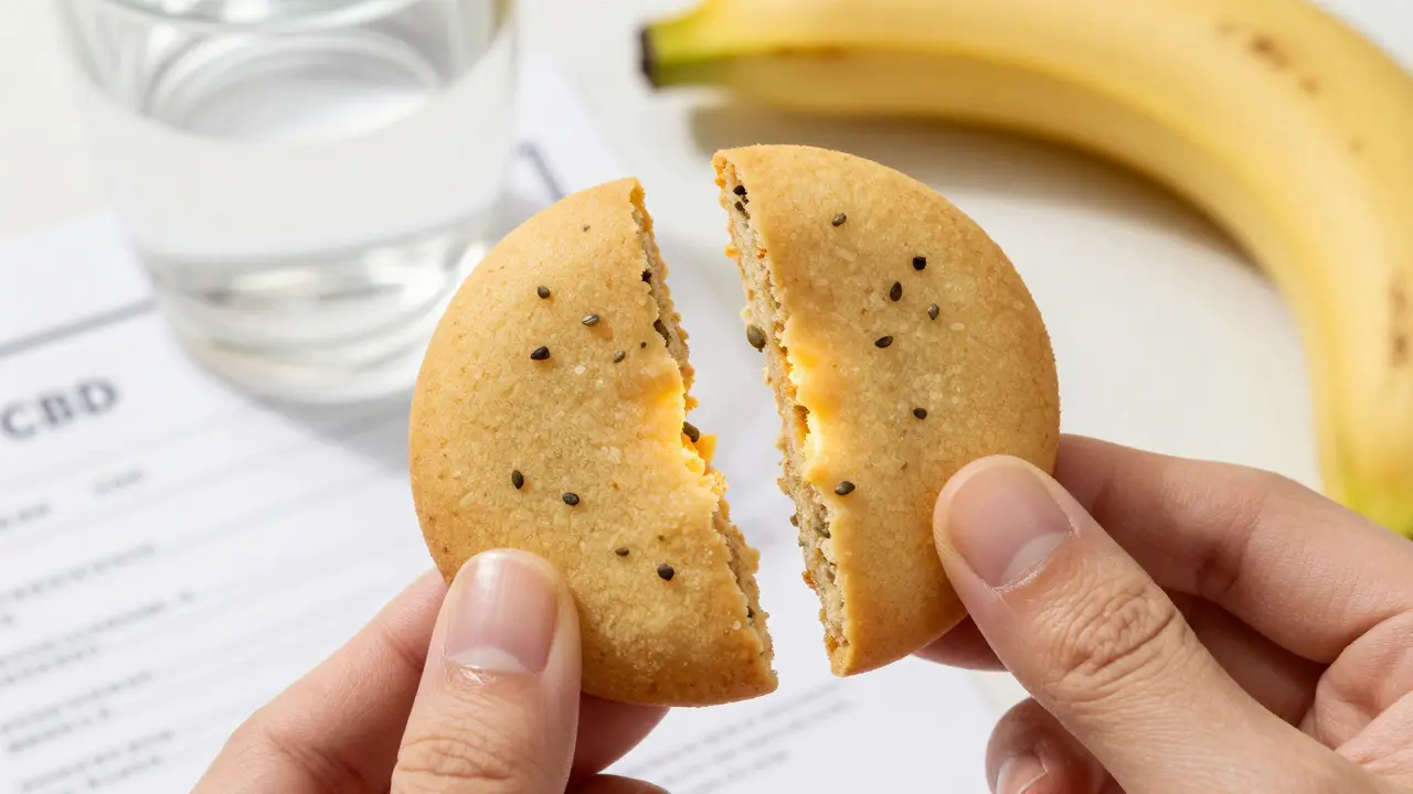 Nahaufnahme eines zerbrochenen CBD-Cookies mit sichtbaren Hanfsamen und natürlichen Begleitobjekten.