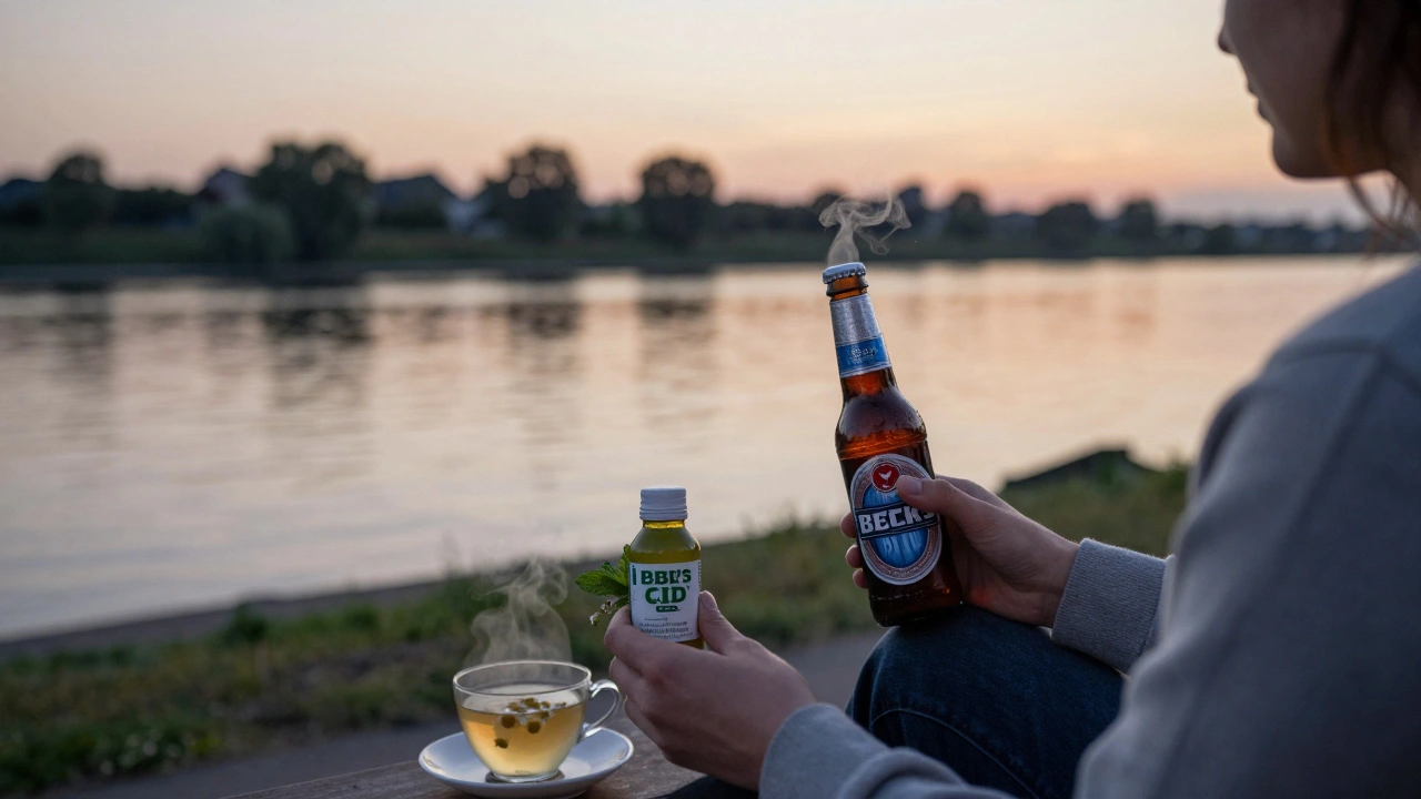 Person am Flussufer mit alkoholfreiem Bier und CBD-Getränk, Abendlicht, ruhige Atmosphäre ohne Alkohol oder Cannabis-Symbole.