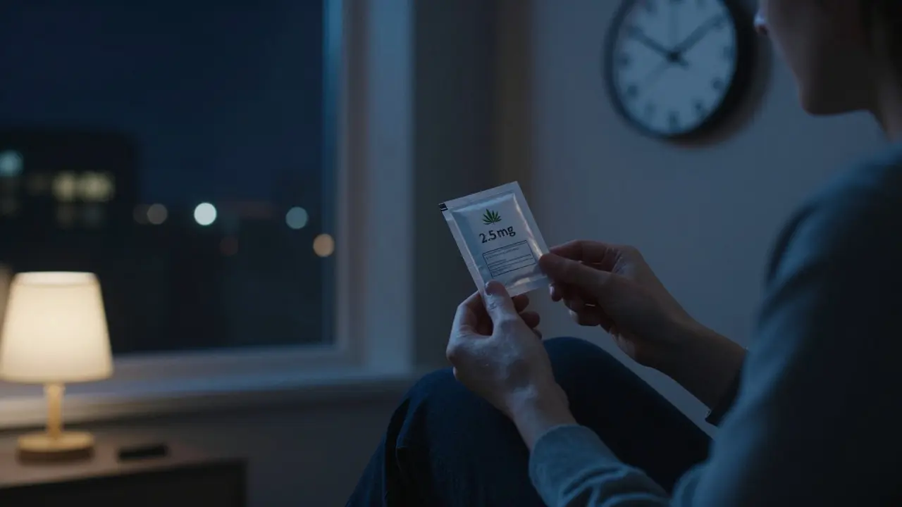Person hält eine Cannabis-Schokolade mit 2,5 mg THC-Etikett, Uhr zeigt 90 Minuten nach dem Verzehr.
