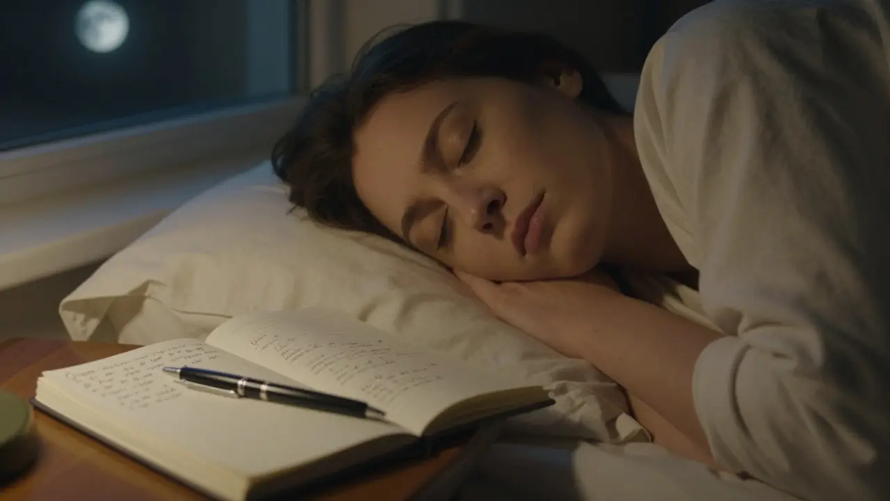 Person liegt ruhig unter einer Decke, ein Tagebuch liegt neben ihr auf dem Nachttisch.