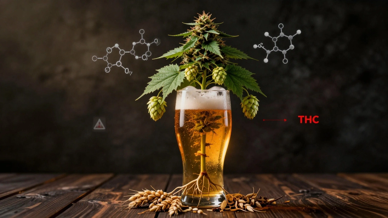 Pflanze wächst aus Bierglas, Wurzeln aus Gerste und Hopfen, Blätter als CBD- und THC-Moleküle.