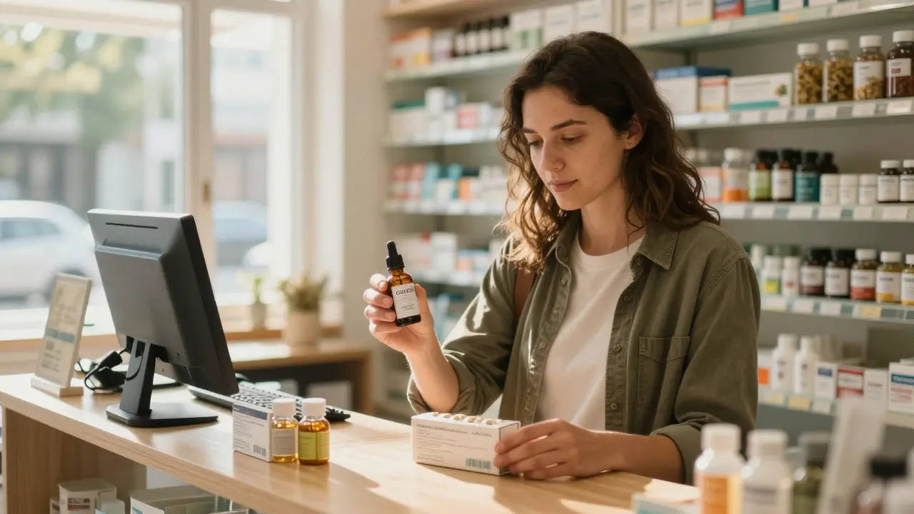 Reisender kauft CBD-Öl und Kapseln in einer ausländischen Apotheke als sichere Alternative zu Blüten.