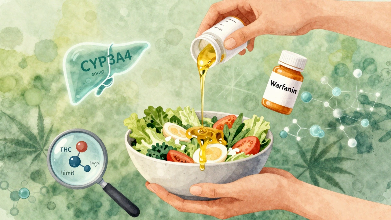 Salat mit Hanföl und abstrakten Symbolen für Leberenzyme und Medikamente in Wasserfarbtechnik