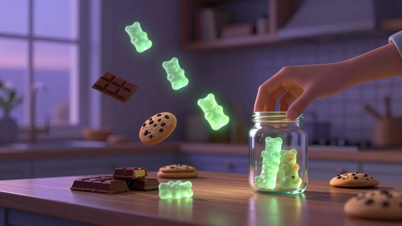 Schwebende Cannabis-Infusierte Süßigkeiten mit sanftem grünem Licht in einer Küche.