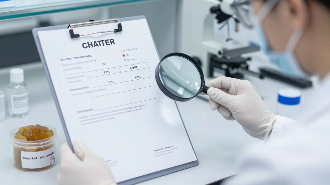 Techniker in Labor prüft CBD-Shatter mit Zertifikat, während minderwertiges Wax abgelegt ist.