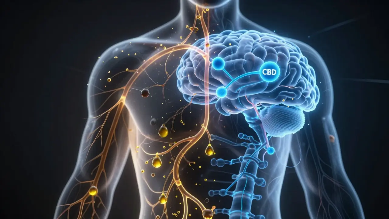 Transparente menschliche Silhouette, die die unterschiedlichen Wirkungen von Hanföl und CBD im Körper zeigt.