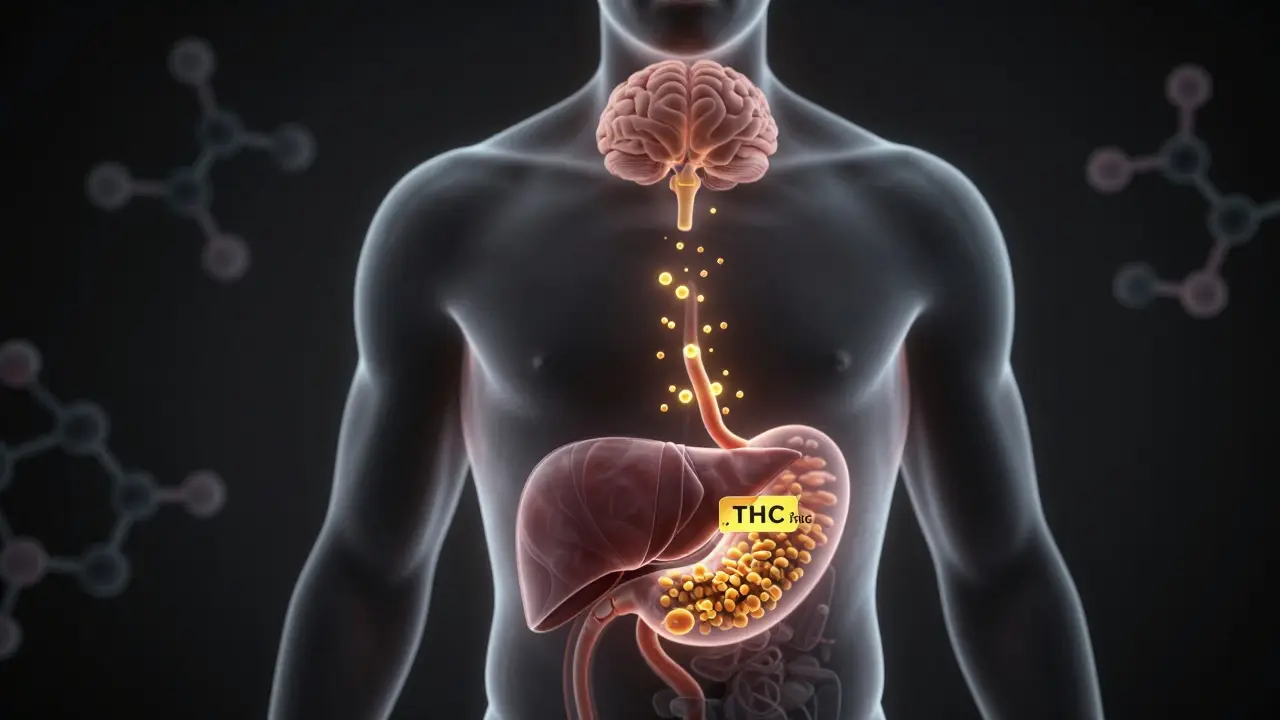 Transparenzdarstellung des Körpers, die die Umwandlung von THC in der Leber zum Gehirn zeigt.