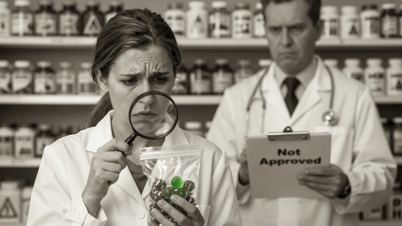 Verbraucher mit CBD-Gummibärchen vor einem FDA-Inspector in einem medizinischen Posterstil.