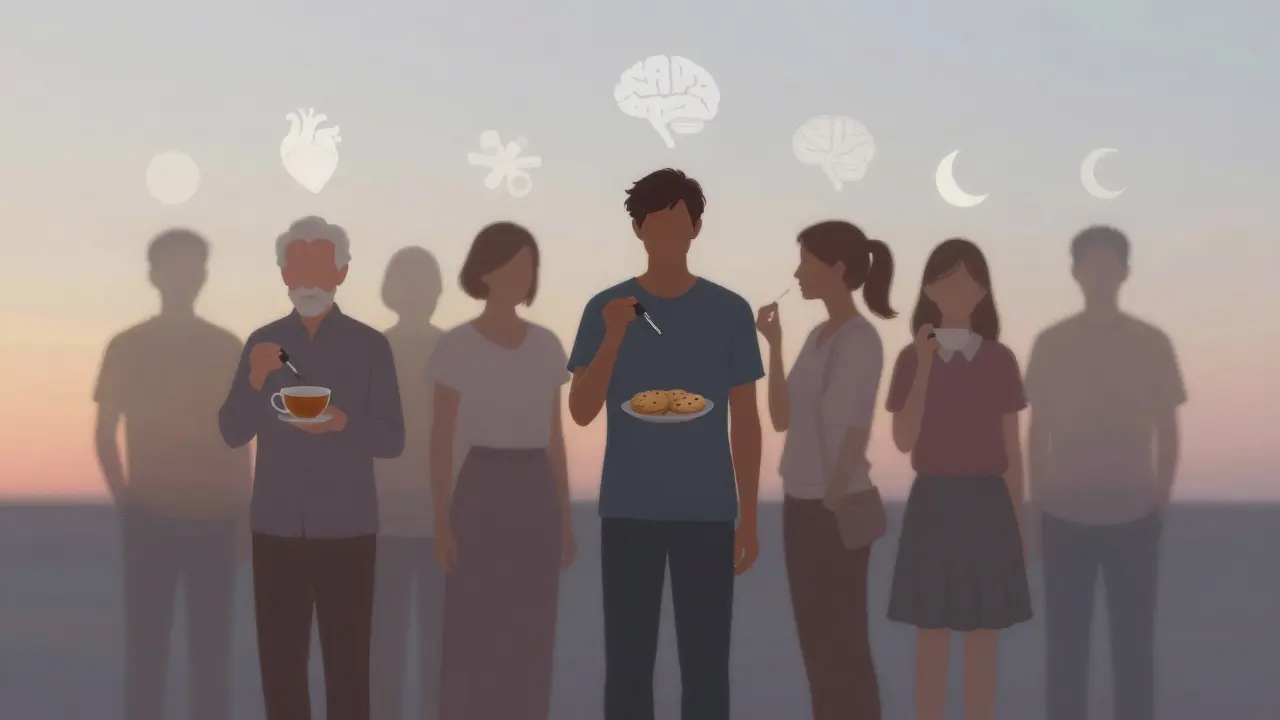 Verschiedene Menschen halten Edibles, medizinische Symbole schweben sanft um sie herum.