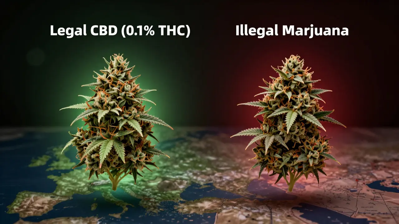 Zwei ähnliche Hanfblüten, eine legal mit grünem Licht, die andere illegal mit rotem Schatten, über einer Flugkarte.