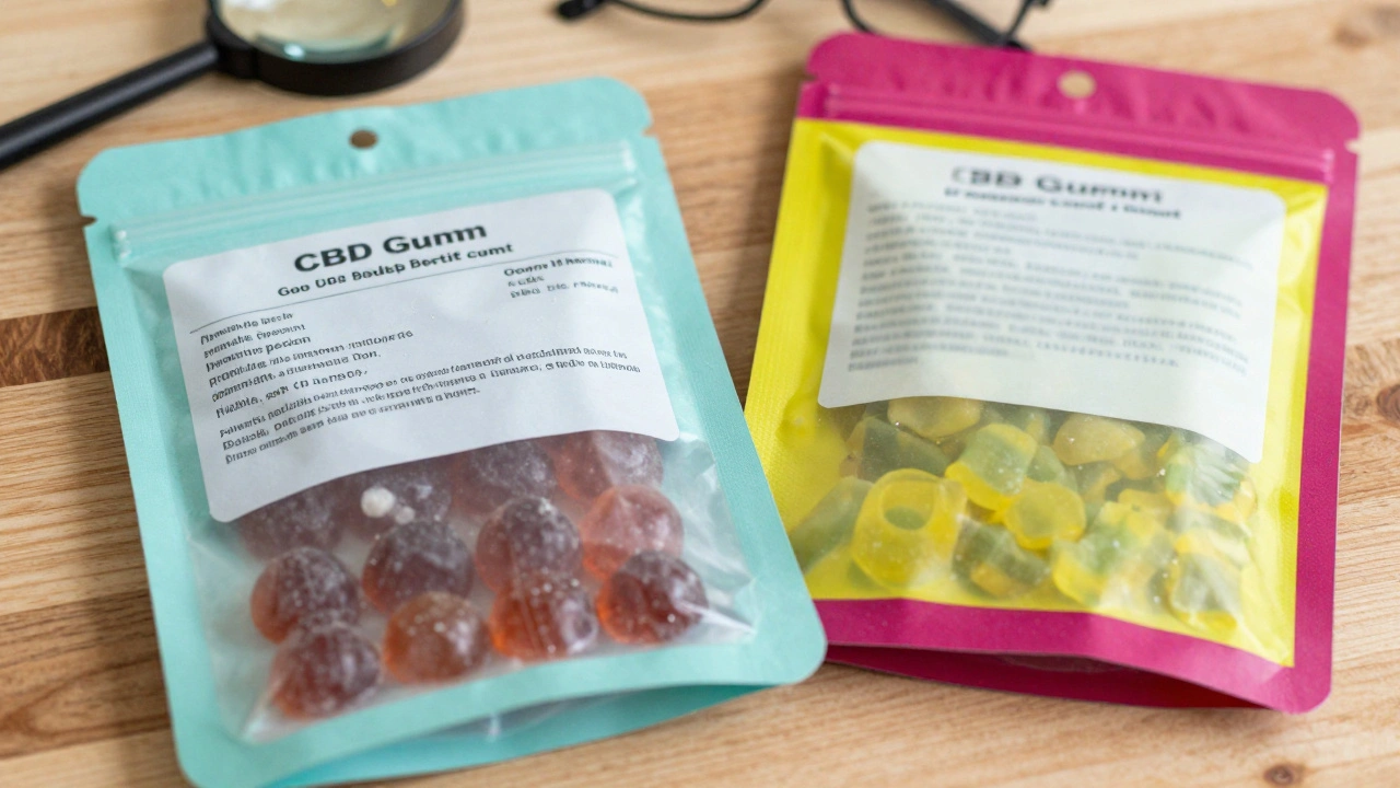 Zwei CBD-Gummipackungen im Vergleich: eine mit klarem Label und Zertifikat, die andere mit künstlichen Farben.