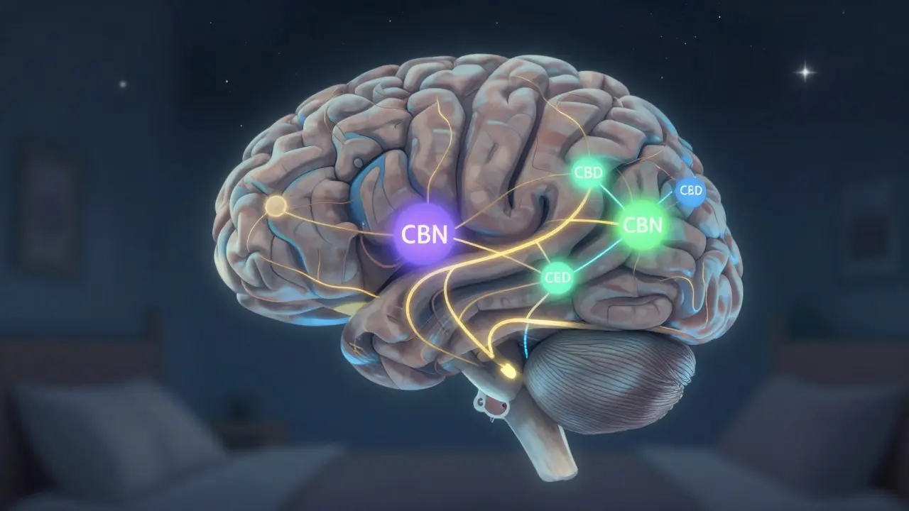 Abstrakte Darstellung eines Gehirns mit CBN, CBD und Melatonin als unterschiedlich leuchtende Wege.