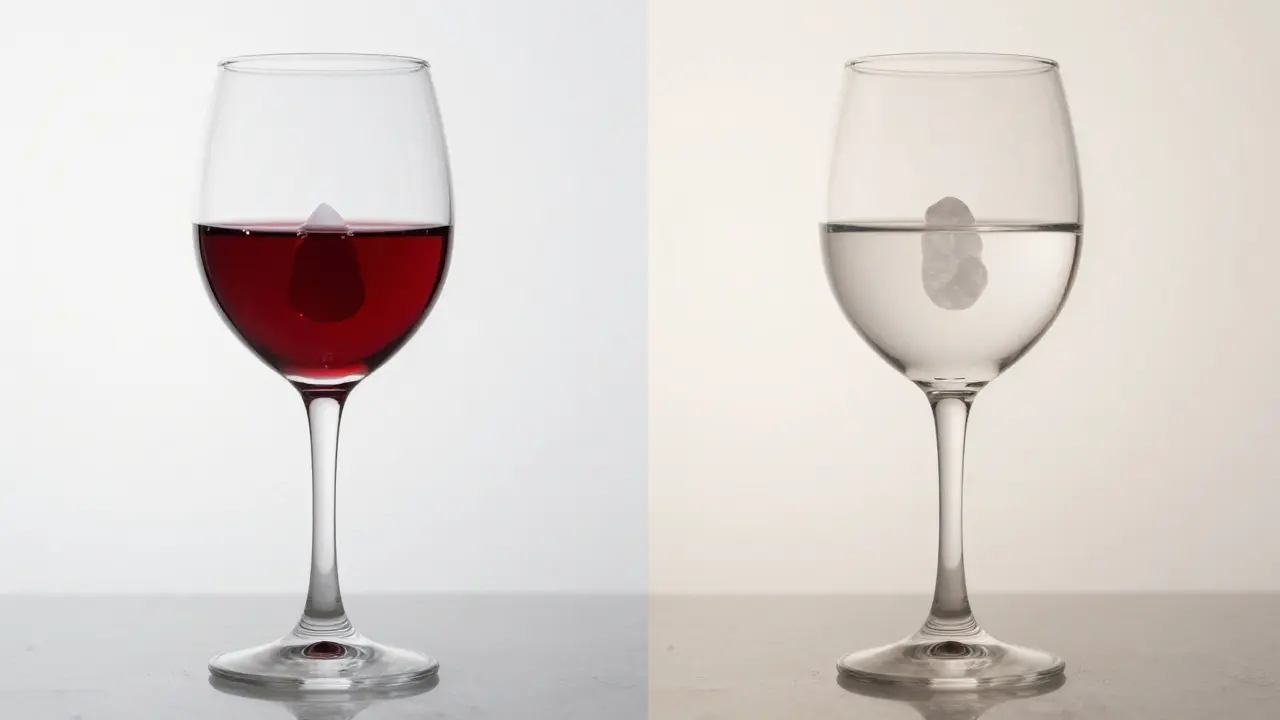 Aufgesplittete Darstellung: Wein mit CBD-Kristall links, gleichmäßig gelöst rechts.