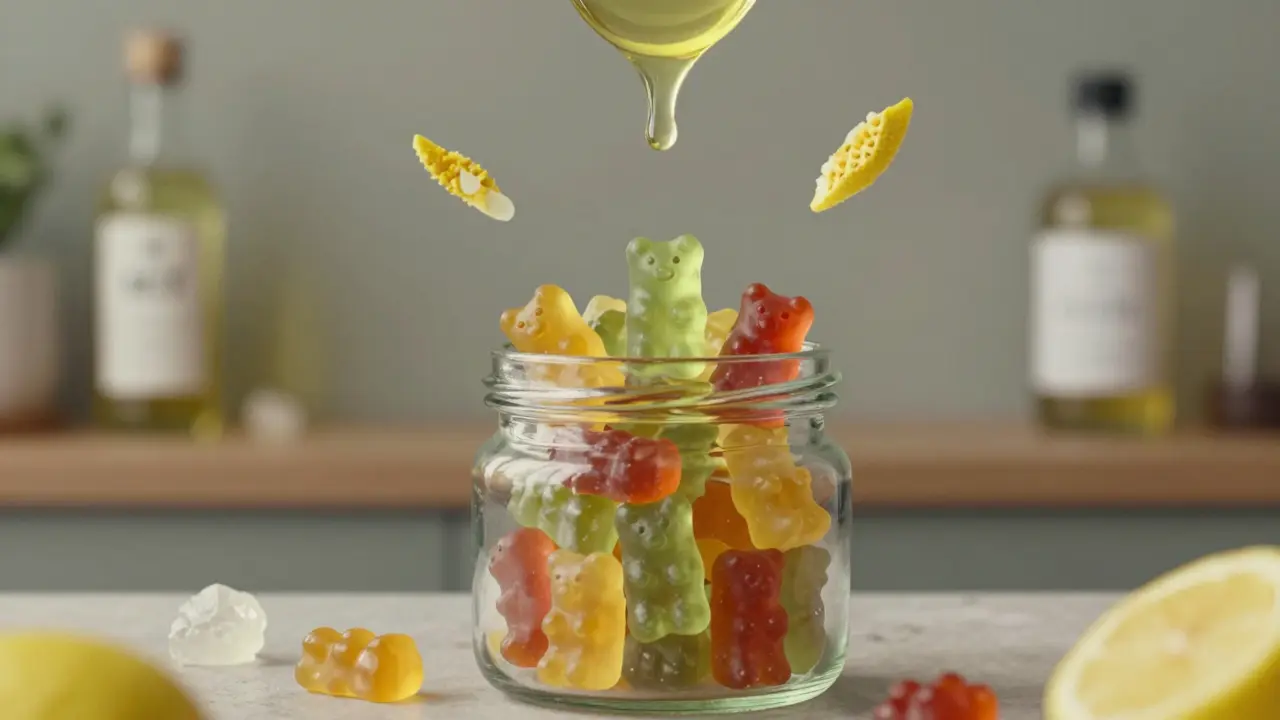 Bunte Cannabis-Gummibärchen in Glasglas mit Zitronenschale und Öltröpfchen.