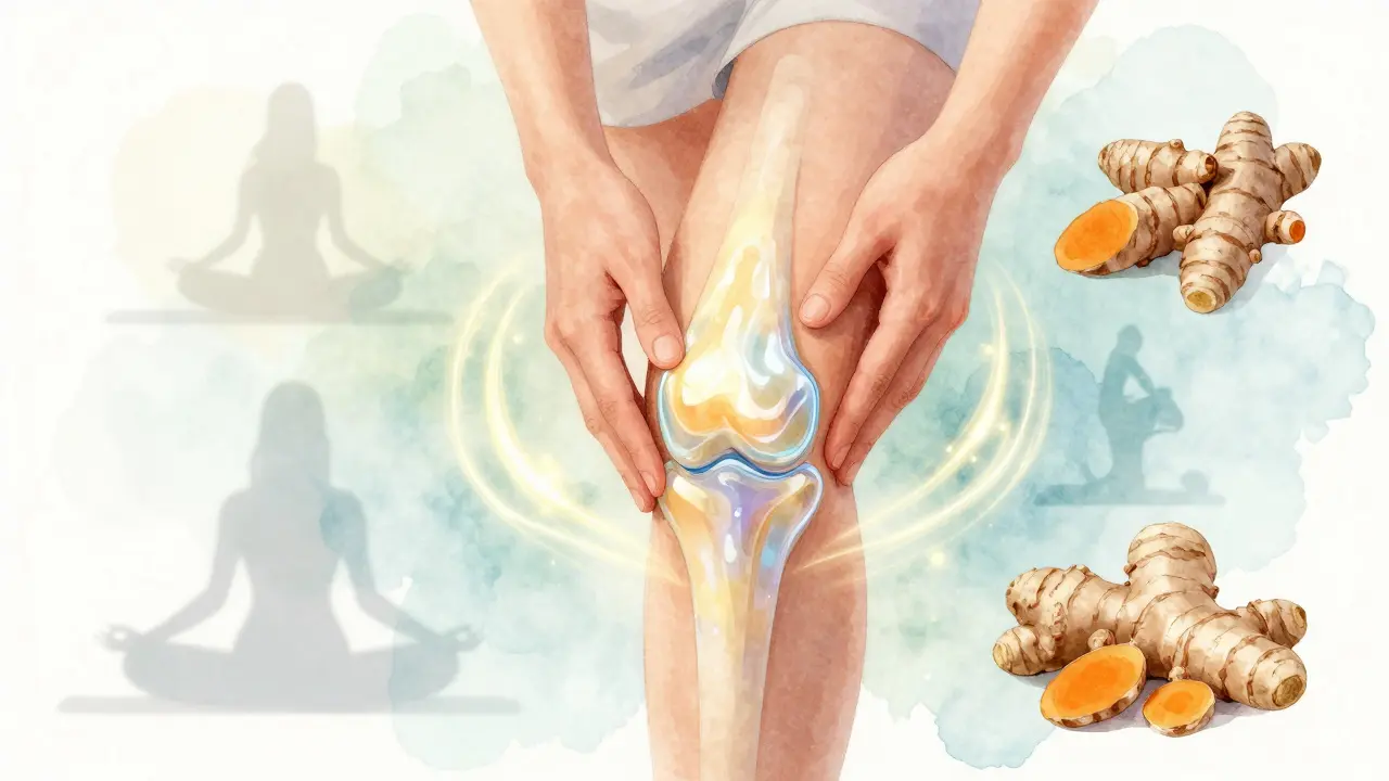 CBD-Creme wird auf ein Knie aufgetragen, mit entzündungshemmenden Wellen und Kräutern.