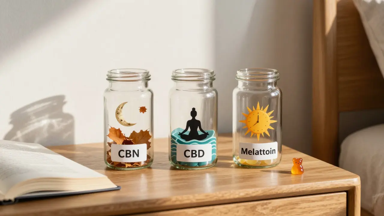Drei Gläser mit CBN, CBD und Melatonin, symbolisch dargestellt mit Mond, Wellen und Uhr.