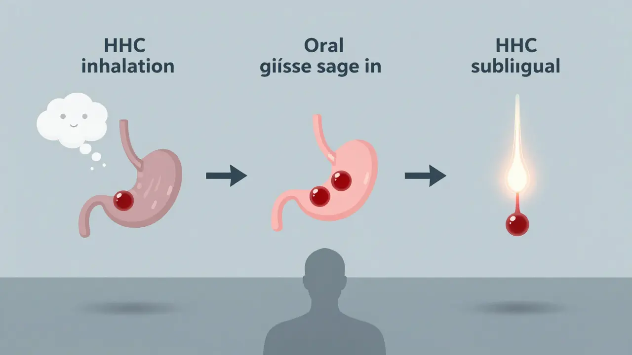 Drei visuelle Wege der HHC-Aufnahme: inhalieren, oral, sublingual, als wissenschaftliches Konzept.