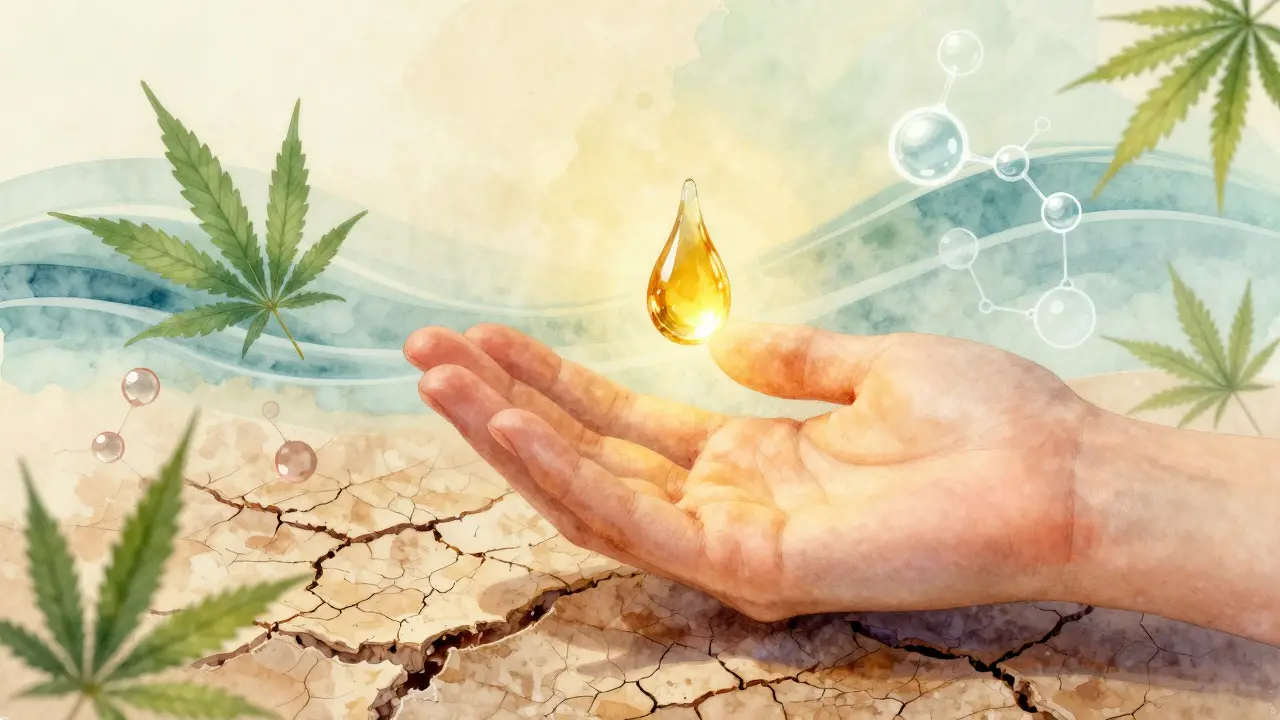 Ein CBD-Tropfen heilt trockene Haut, goldenes Licht und abstrakte Hanf- und Molekülformen.