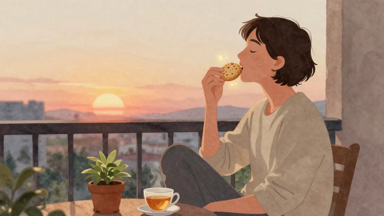 Eine Person genießt einen CBD-Cookie am Abend auf dem Balkon in ruhiger Stimmung.