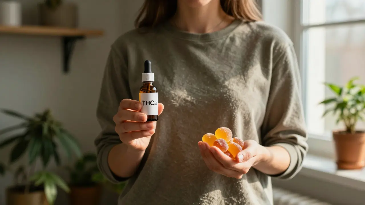 Eine Person hält eine THCa-Tropfflasche und einen Delta-8-Gummibärchen, in ruhiger, lichtdurchfluteter Umgebung.