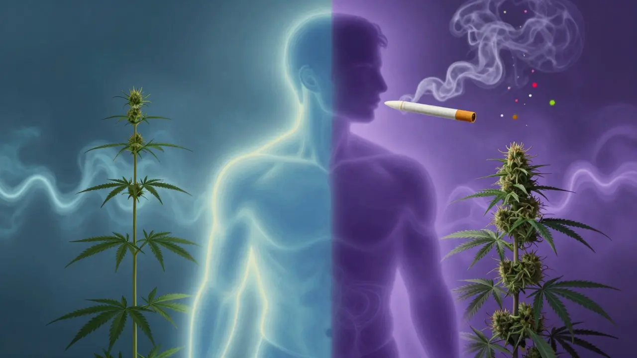 Eine Silhouette mit zwei Seiten: eine entspannt und klar, die andere verschwommen und berauscht, symbolisiert CBD und THC.