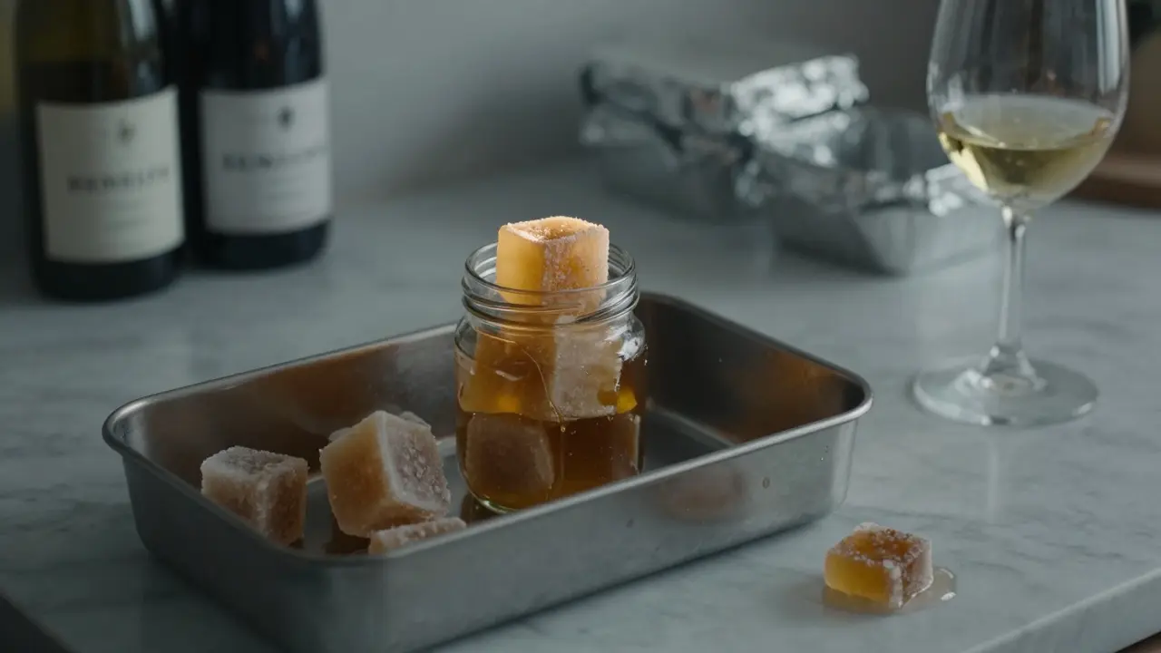 Gefrorene Cannabis-Wein-Würfel in einer Eiswürfelform, schmelzend in einem Weinglas.