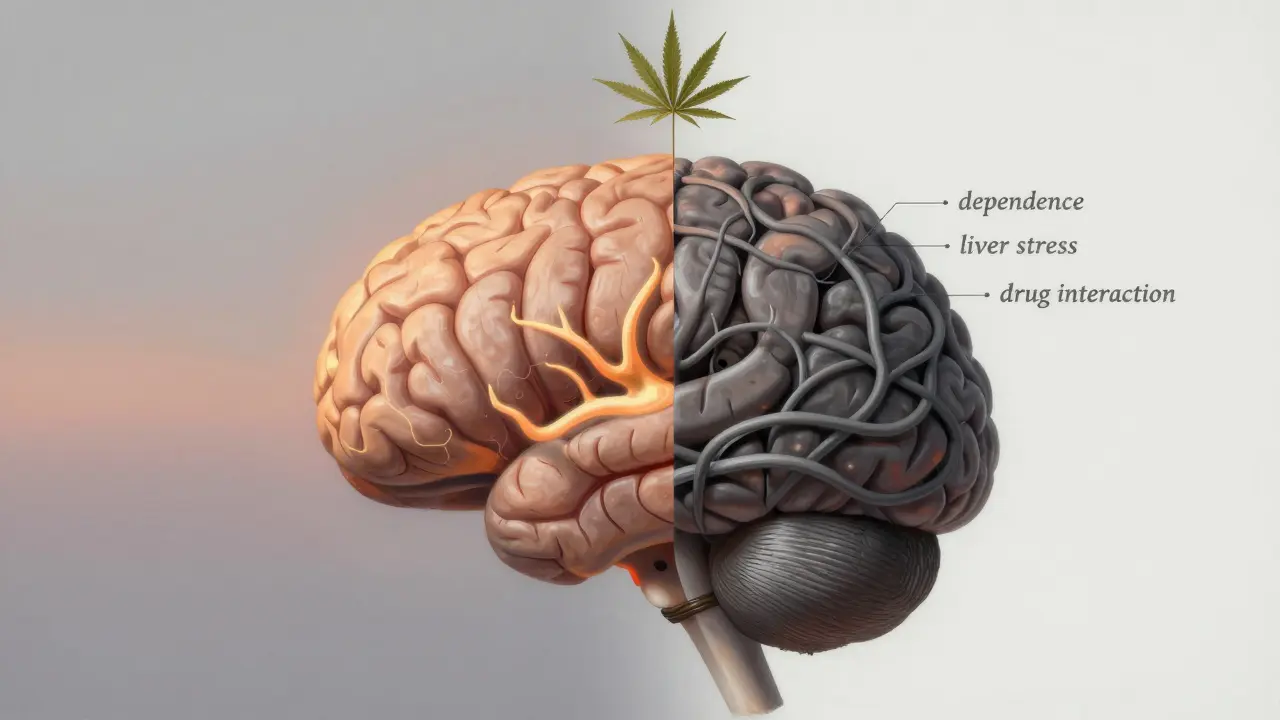Gehirn mit halbem calmem, halbem verschlungenem Netzwerk, CBD-Blüte schwebt darüber.