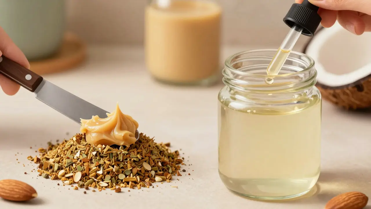 Gemahlene HHC-Blüten in Mandelmus und HHC-Öl-Tropfen in einem Smoothie