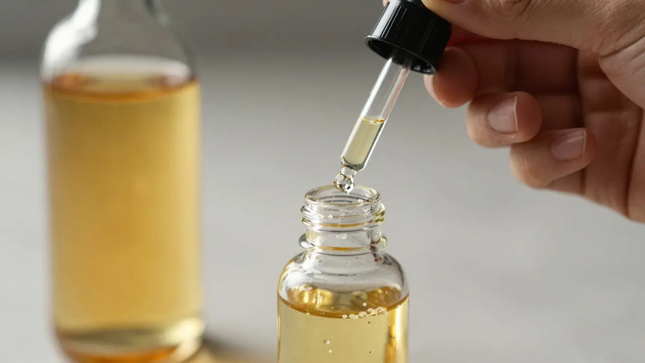 Hand, die CBD-Kristalle in MCT-Öl gibt, während Cannabis-Wein im Hintergrund steht.