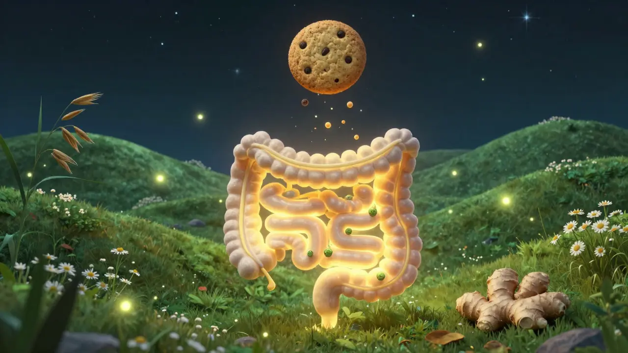 Künstlerische Darstellung des Verdauungstrakts als Landschaft mit CBD-Molekülen und Pflanzen.