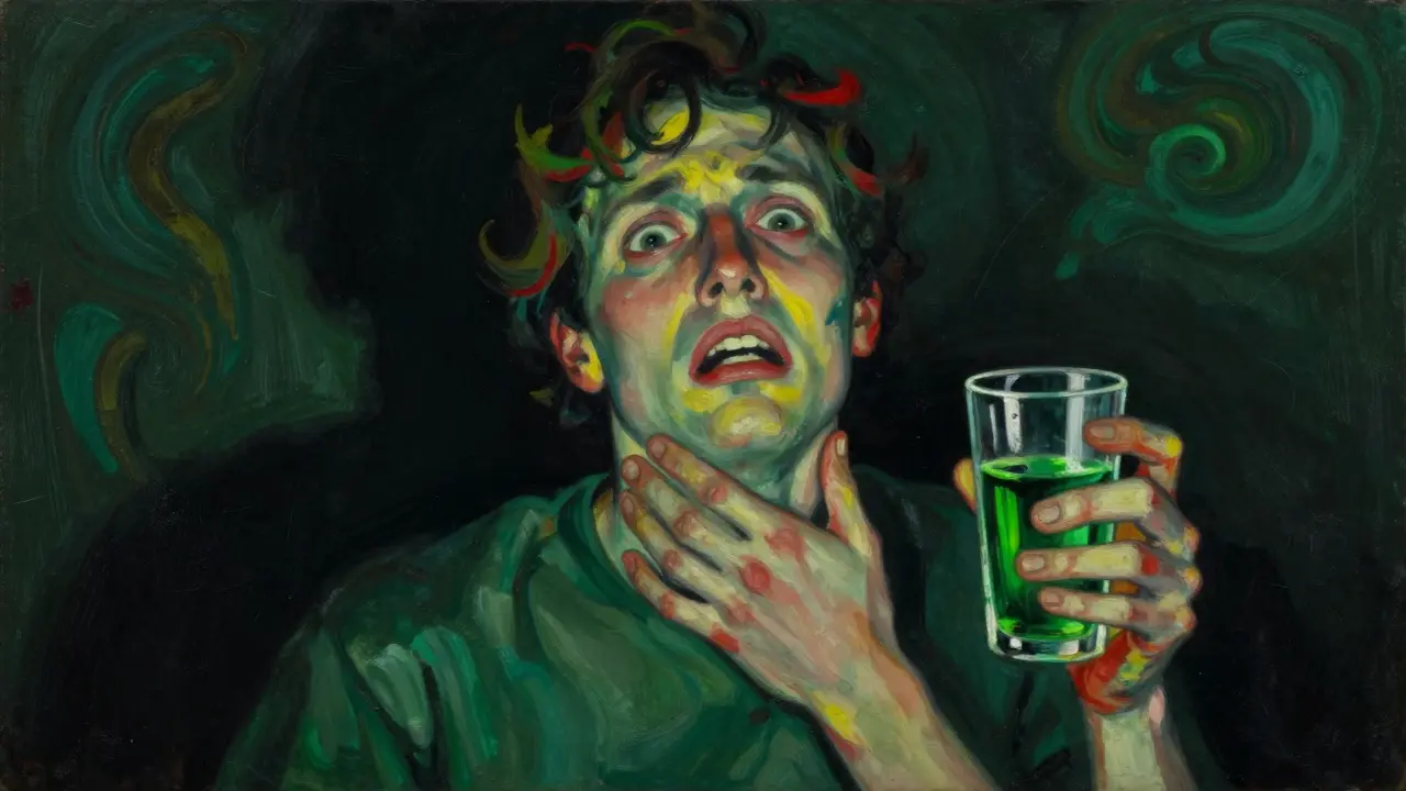 Mensch mit schmerzverzerrtem Gesicht nach dem Trinken von reinem Absinth, umgeben von halluzinativen Wirbeln.