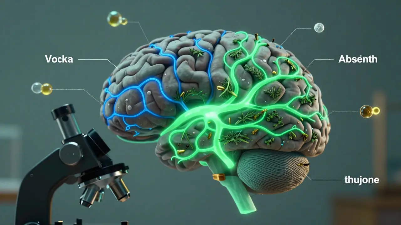 Mikroskopische Ansicht eines Gehirns mit unterschiedlich farbigen Nervenwegen für Wodka und Absinth.