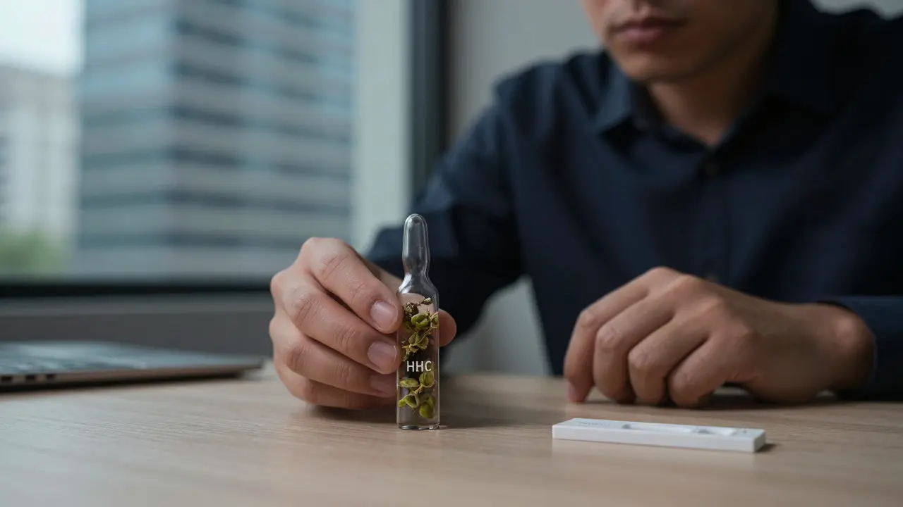 Person hält HHC-Blüten neben einem Drogentest-Kit auf einem Bürotisch.