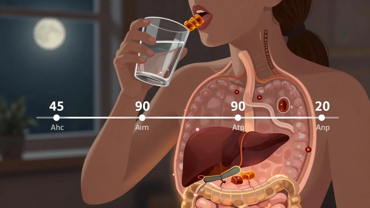 Person nimmt eine HHC-Gummibärchen mit Wasser ein, innere Körperdarstellung zeigt Wirkungsweg.