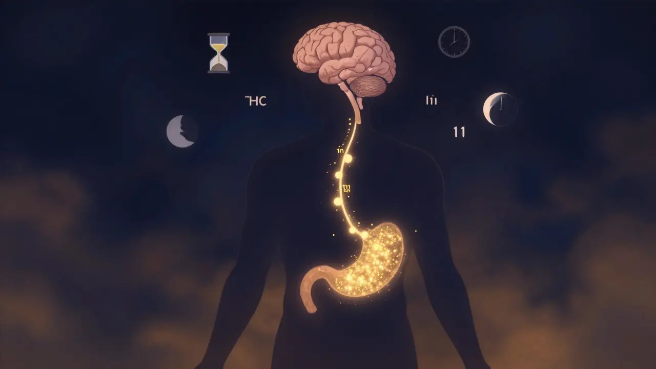 Silhouette eines Körpers mit goldenem Pfad von Magen zum Gehirn, symbolisiert die Umwandlung von THC in 11-Hydroxy-THC.